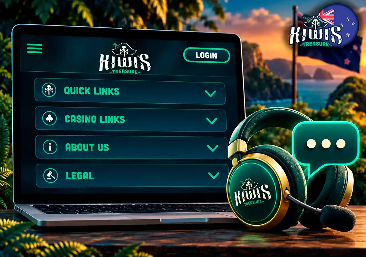 Kiwi's Treasure support on laptop with headset and a simple live-chat cue.